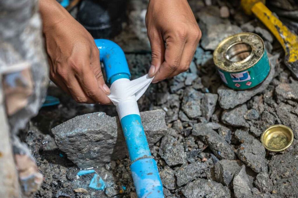 cadru apropiat aratand o reparatie a unei conducte de apa