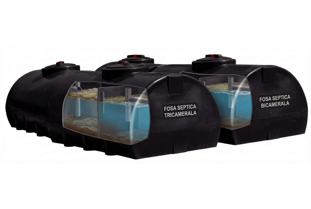 ilustratie aratand o fosa septica tricamerala alaturi de una bicamerala
