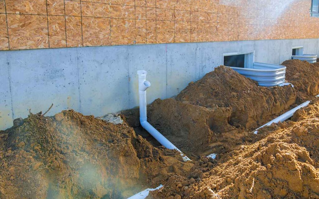 cadru de aproape cu teava din PVC langa o casa sugerand instalarea canalizarii spre o fosa septica