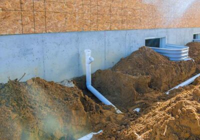 cadru de aproape cu teava din PVC langa o casa sugerand instalarea canalizarii spre o fosa septica
