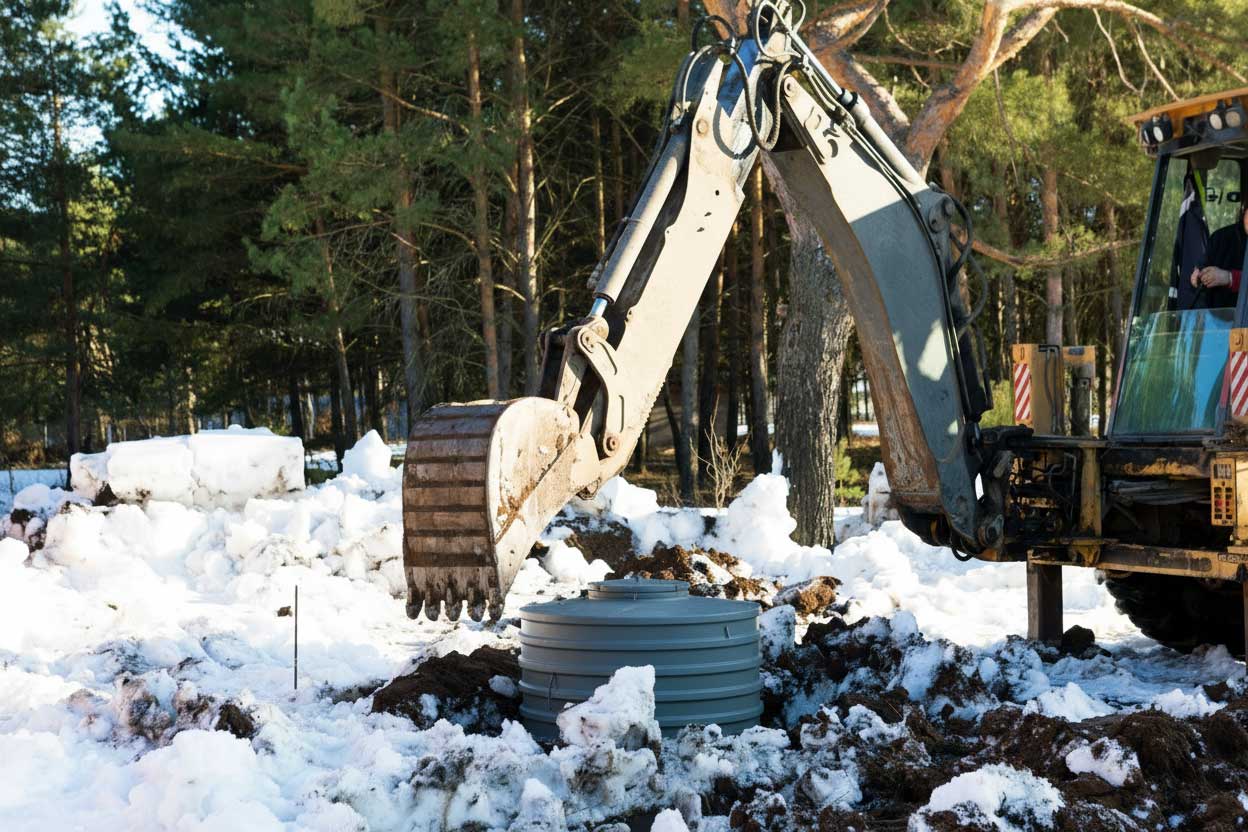 cadru indeaproape instalare fosa septica in iarna